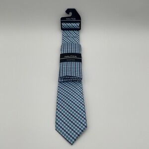 NAUTICA Men's Tie & Pocket Square ~ Blue ~ Plaids & Checks ~ NEW MSRP: $59 #584